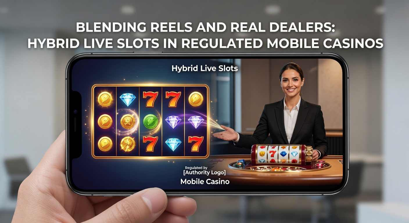 Ein Hybrid Live Slot-Spiel mit Dealerin vor digitalen Walzen auf einem Mobile-Gerät, das Reels und Live-Interaktion kombiniert